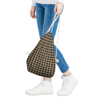Brown And Black Houndstooth Print Drawstring Bag
