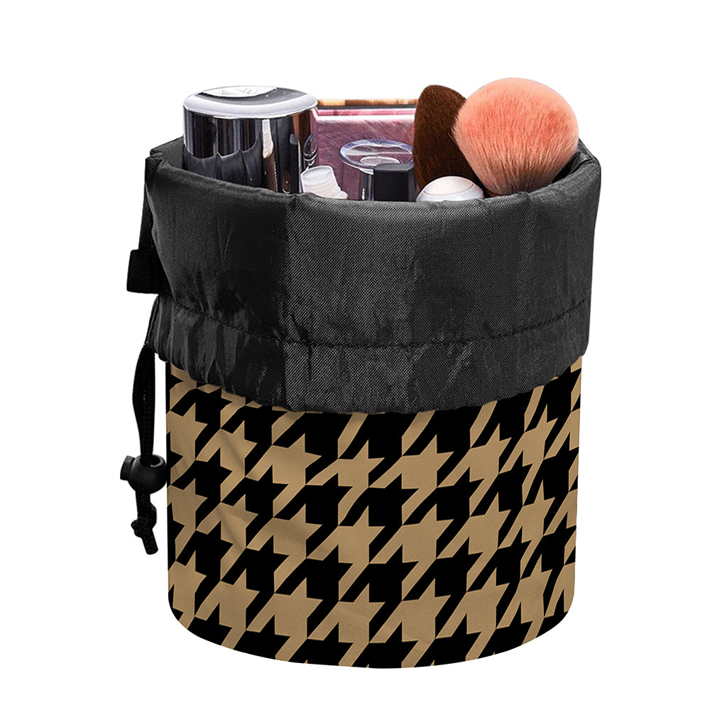 Brown And Black Houndstooth Print Drawstring Makeup Bag
