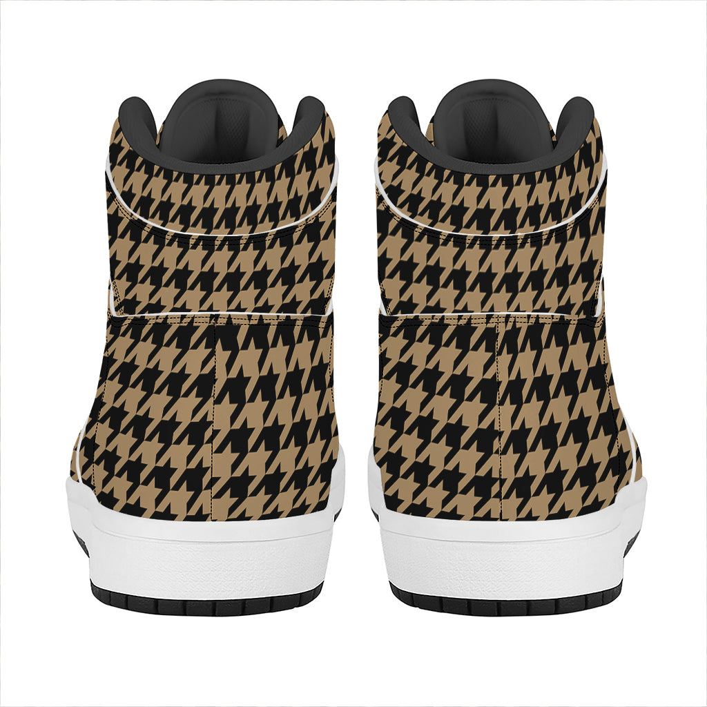 Brown And Black Houndstooth Print High Top Leather Sneakers