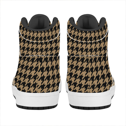 Brown And Black Houndstooth Print High Top Leather Sneakers