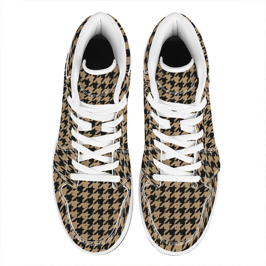 Brown And Black Houndstooth Print High Top Leather Sneakers