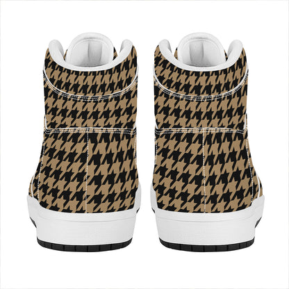 Brown And Black Houndstooth Print High Top Leather Sneakers