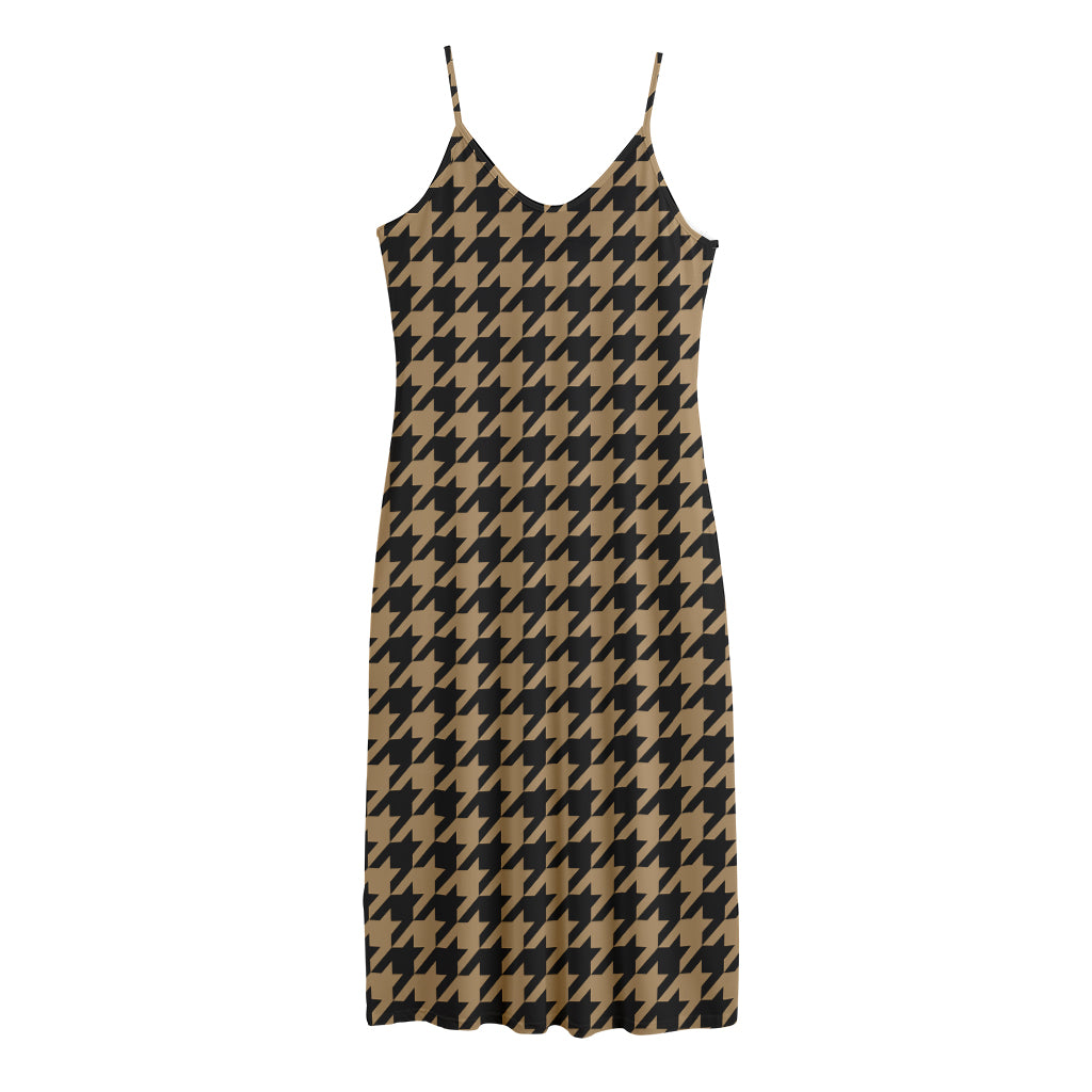 Brown And Black Houndstooth Print Jersey Midi Cami Dress