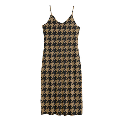 Brown And Black Houndstooth Print Jersey Midi Cami Dress