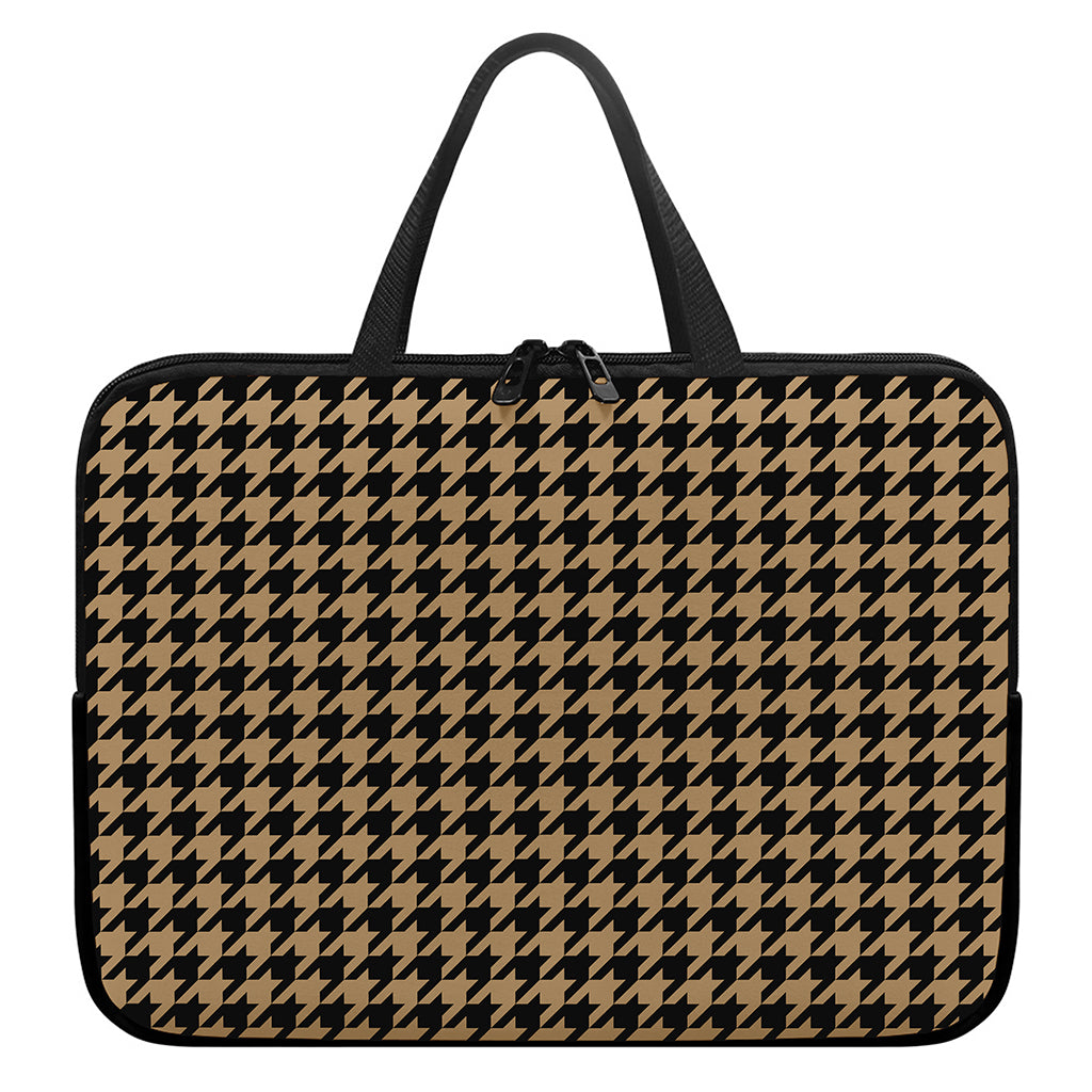 Brown And Black Houndstooth Print Laptop Sleeve With Handle