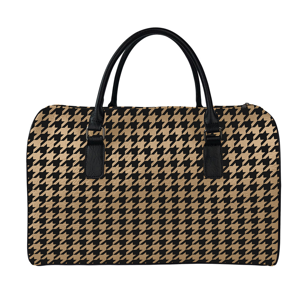 Brown And Black Houndstooth Print Leather Duffle Bag