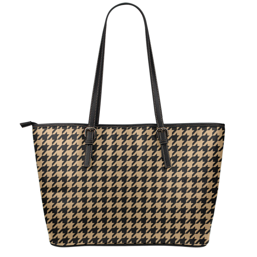 Brown And Black Houndstooth Print Leather Tote Bag