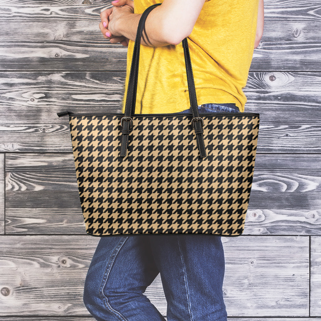 Brown And Black Houndstooth Print Leather Tote Bag