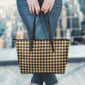 Brown And Black Houndstooth Print Leather Tote Bag