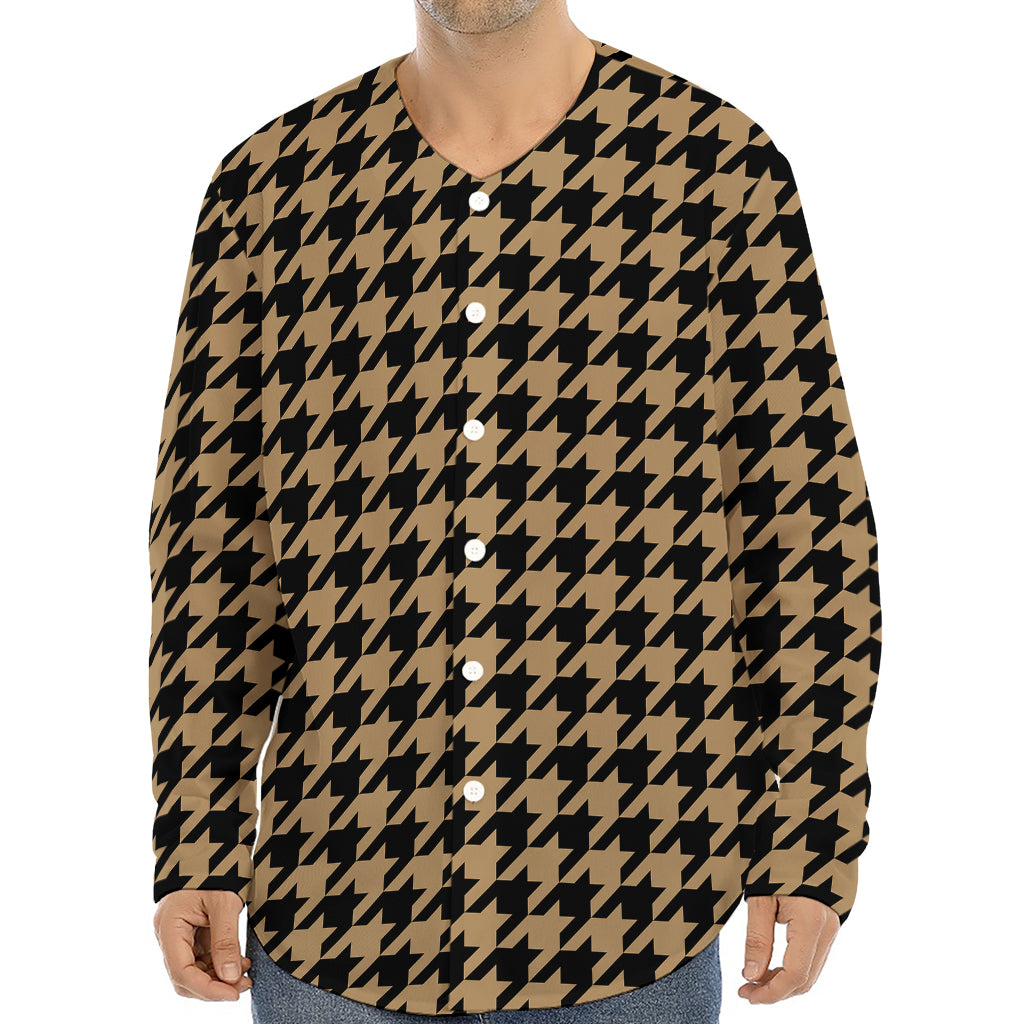 Brown And Black Houndstooth Print Long Sleeve Baseball Jersey