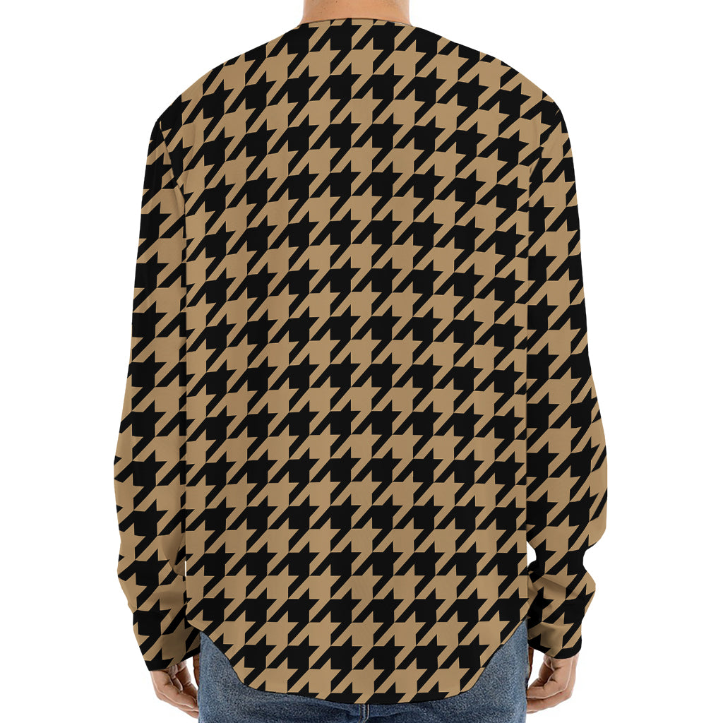 Brown And Black Houndstooth Print Long Sleeve Baseball Jersey