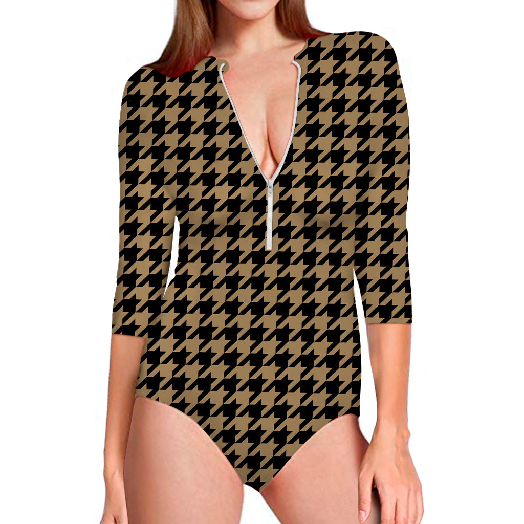 Brown And Black Houndstooth Print Long Sleeve Swimsuit