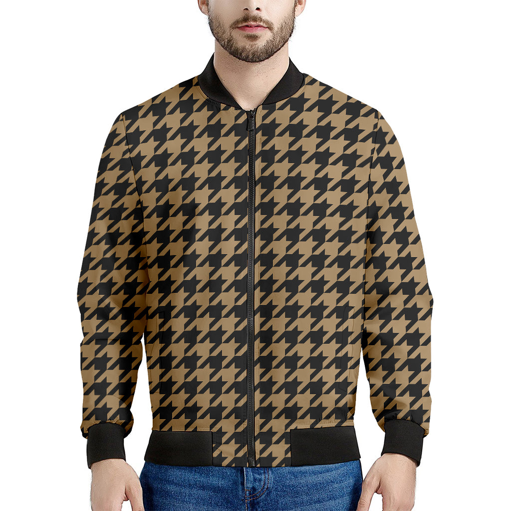 Brown And Black Houndstooth Print Men's Bomber Jacket