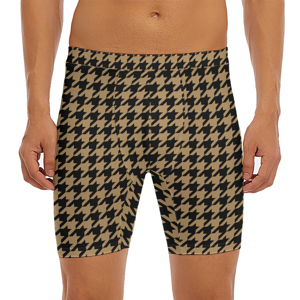 Brown And Black Houndstooth Print Men's Long Boxer Briefs