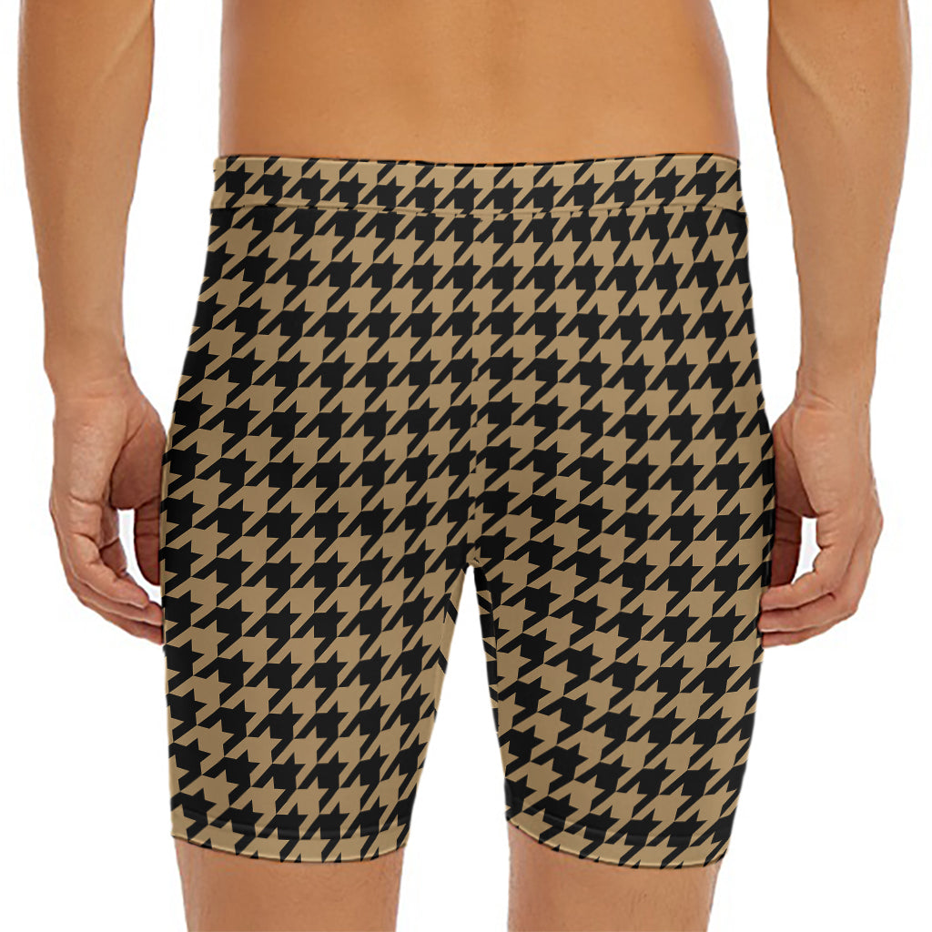 Brown And Black Houndstooth Print Men's Long Boxer Briefs
