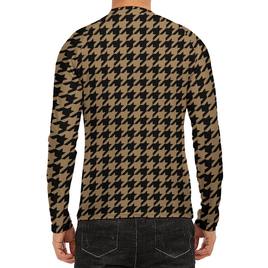 Brown And Black Houndstooth Print Men's Long Sleeve Rash Guard