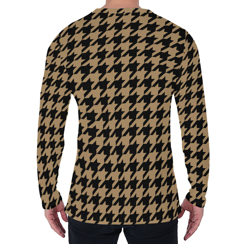 Brown And Black Houndstooth Print Men's Long Sleeve T-Shirt