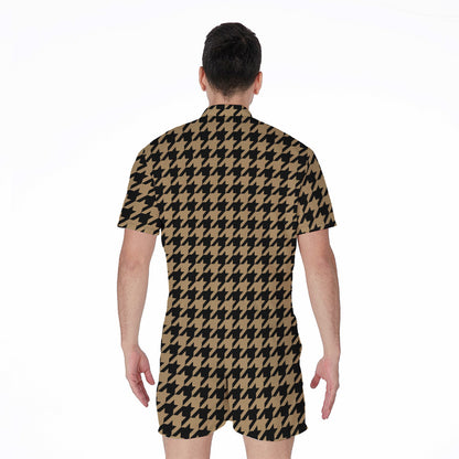 Brown And Black Houndstooth Print Men's Rompers