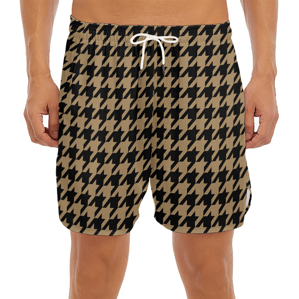 Brown And Black Houndstooth Print Men's Split Running Shorts
