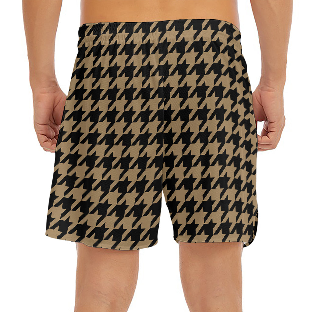 Brown And Black Houndstooth Print Men's Split Running Shorts