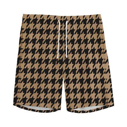 Brown And Black Houndstooth Print Men's Sports Shorts
