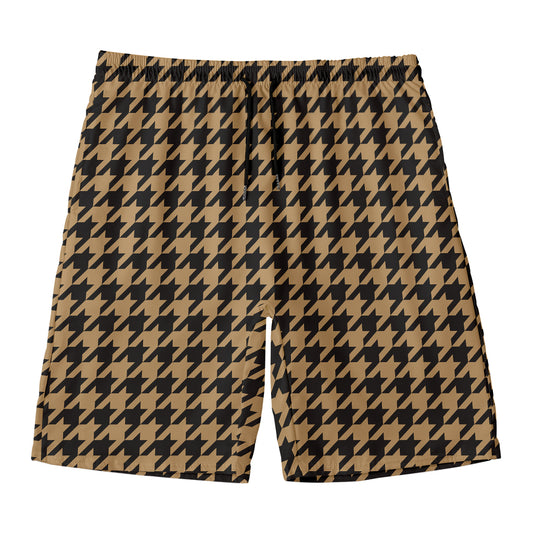 Brown And Black Houndstooth Print Men's Swim Trunks