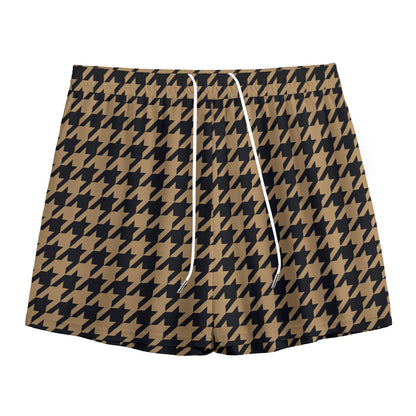 Brown And Black Houndstooth Print Mesh Shorts