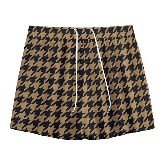 Brown And Black Houndstooth Print Mesh Shorts