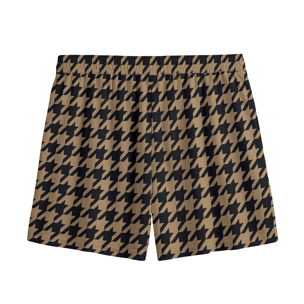 Brown And Black Houndstooth Print Mesh Shorts