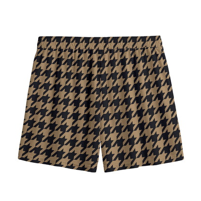 Brown And Black Houndstooth Print Mesh Shorts