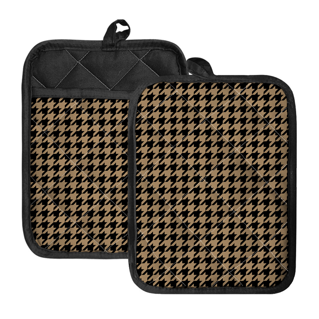 Brown And Black Houndstooth Print Pot Holders With Pocket