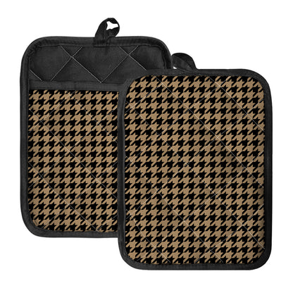 Brown And Black Houndstooth Print Pot Holders With Pocket