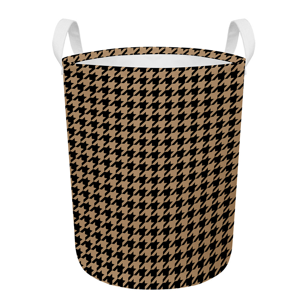 Brown And Black Houndstooth Print Round Laundry Basket