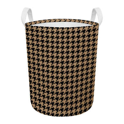 Brown And Black Houndstooth Print Round Laundry Basket