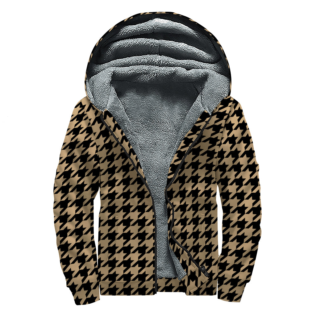 Brown And Black Houndstooth Print Sherpa Lined Zip Up Hoodie