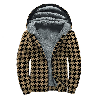 Brown And Black Houndstooth Print Sherpa Lined Zip Up Hoodie