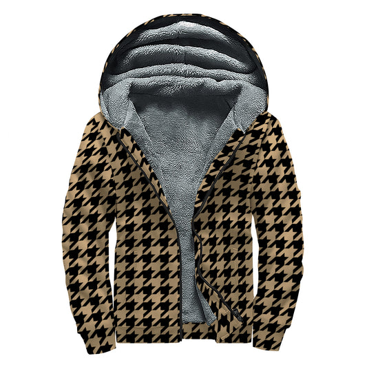 Brown And Black Houndstooth Print Sherpa Lined Zip Up Hoodie