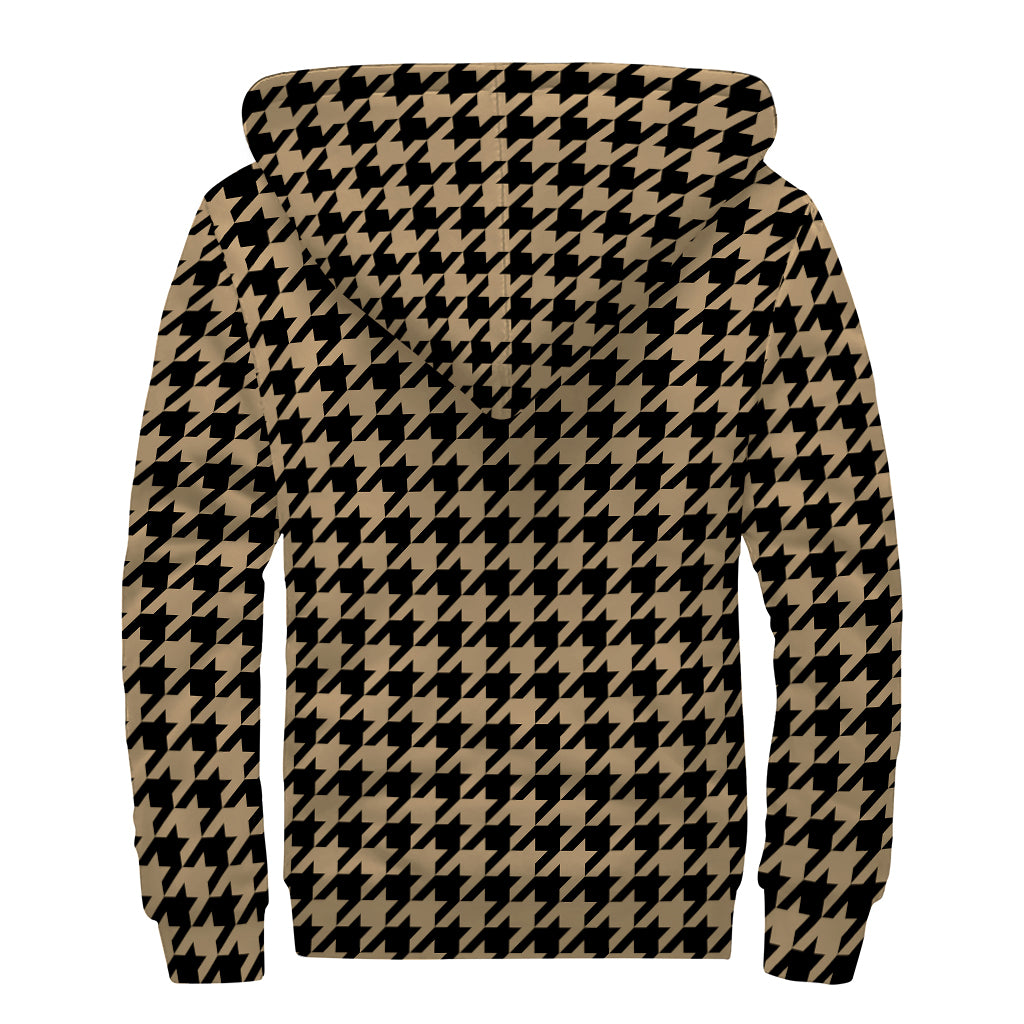 Brown And Black Houndstooth Print Sherpa Lined Zip Up Hoodie