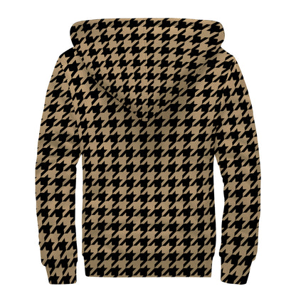 Brown And Black Houndstooth Print Sherpa Lined Zip Up Hoodie