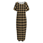 Brown And Black Houndstooth Print Short Sleeve Long Nightdress