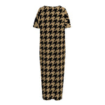 Brown And Black Houndstooth Print Short Sleeve Long Nightdress