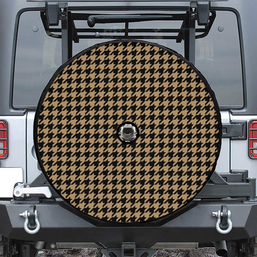 Brown And Black Houndstooth Print Tire Cover With Camera Hole