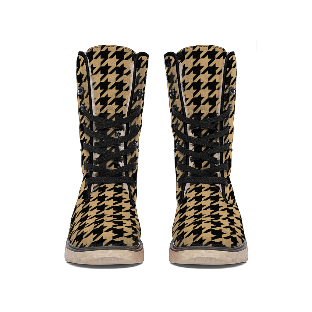 Brown And Black Houndstooth Print Winter Boots