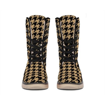 Brown And Black Houndstooth Print Winter Boots