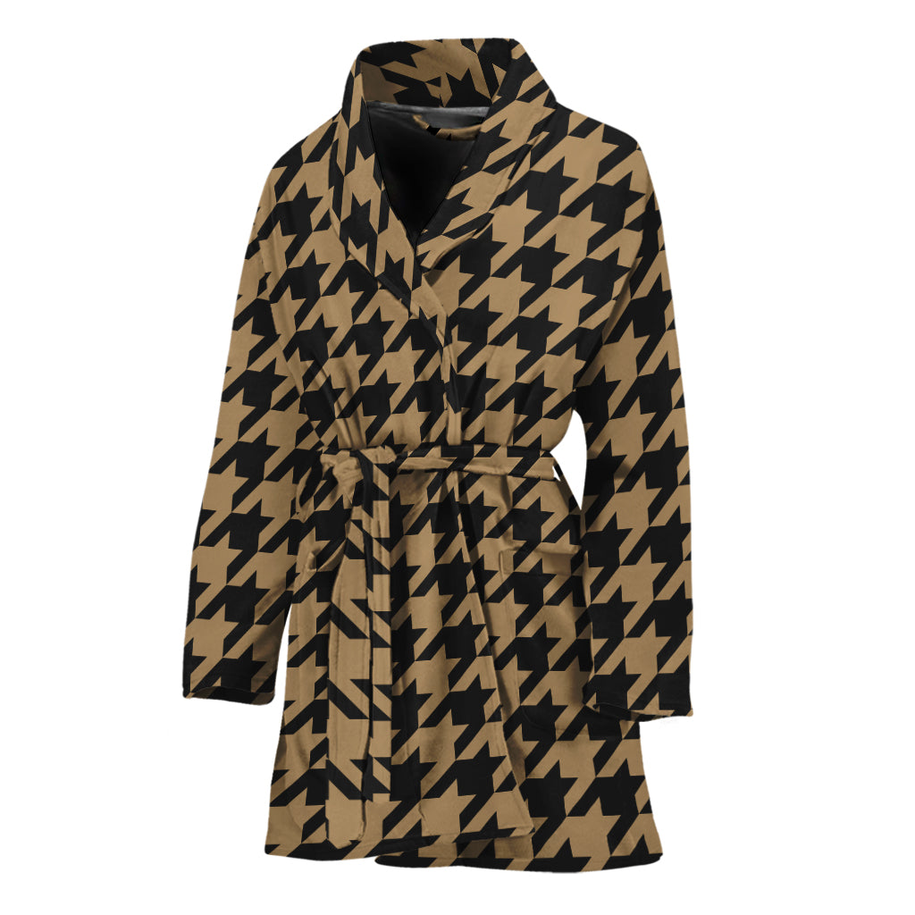 Brown And Black Houndstooth Print Women's Bathrobe