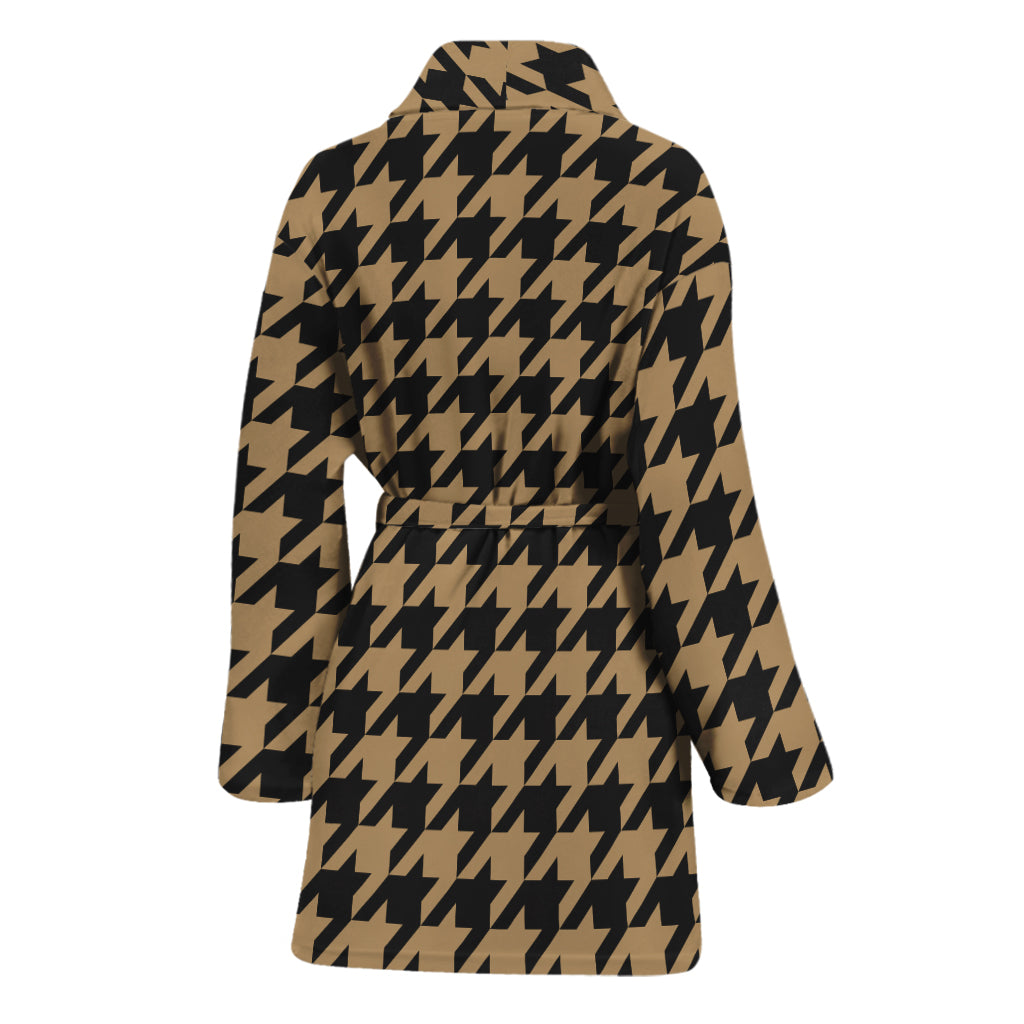 Brown And Black Houndstooth Print Women's Bathrobe