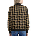 Brown And Black Houndstooth Print Women's Bomber Jacket