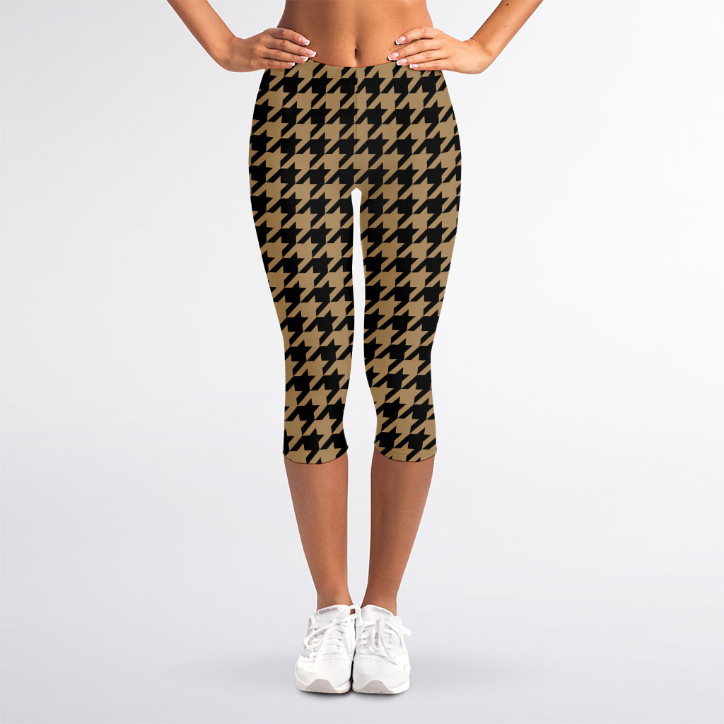 Brown And Black Houndstooth Print Women's Capri Leggings