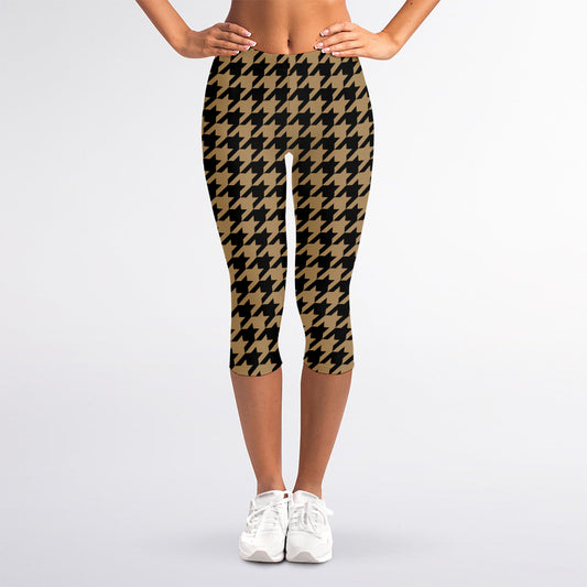 Brown And Black Houndstooth Print Women's Capri Leggings