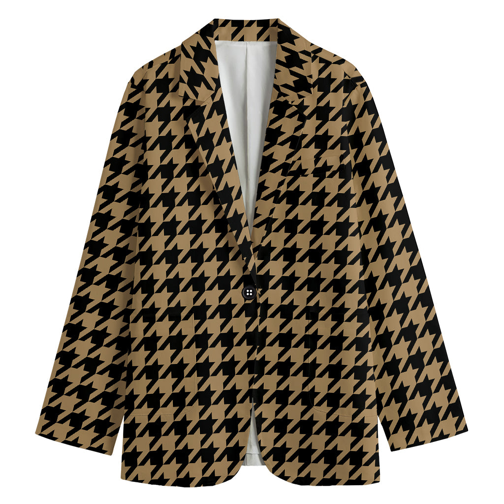 Brown And Black Houndstooth Print Women's Cotton Blazer
